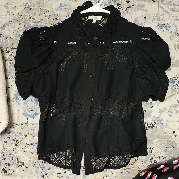 Peach Tops - Elegant Black Lace Blouse with Puff Sleeves